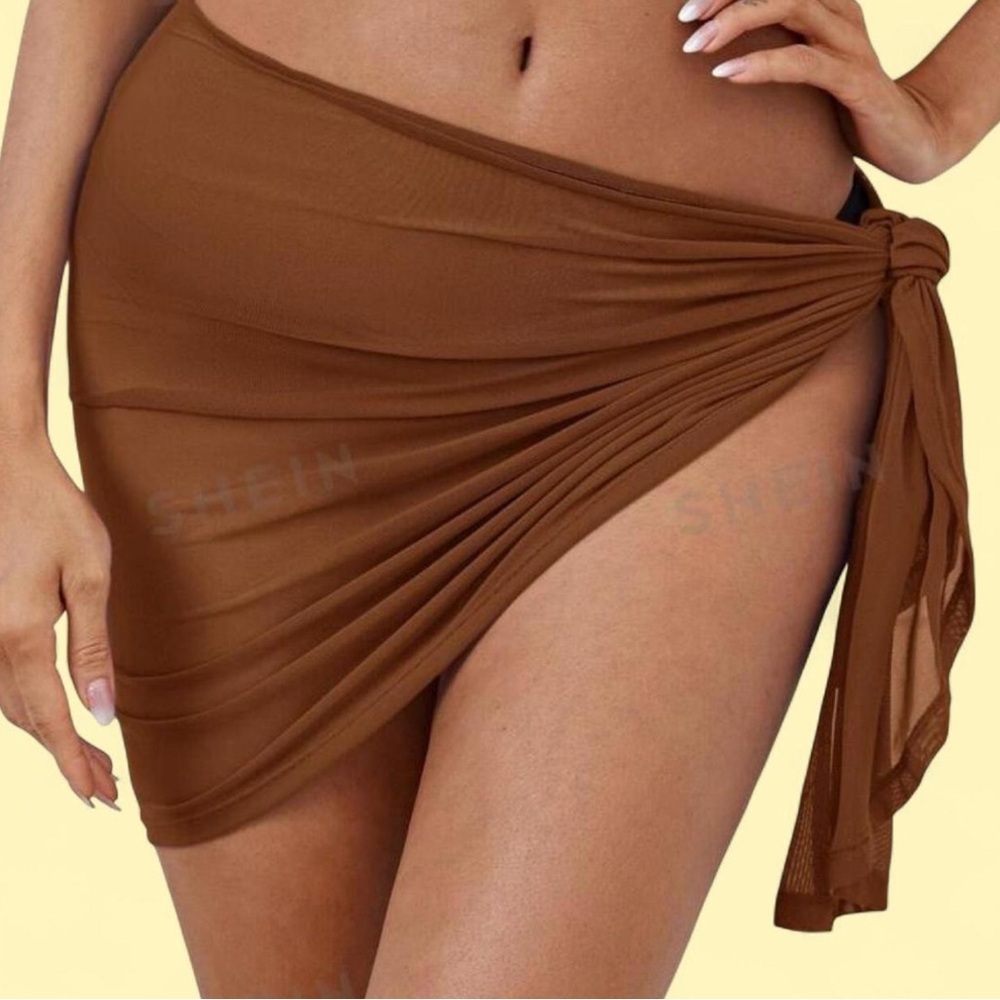 🌴 Shein Brown Mesh Sarong Beach Cover Up Resort Wrap Skirt‎ Size Large.